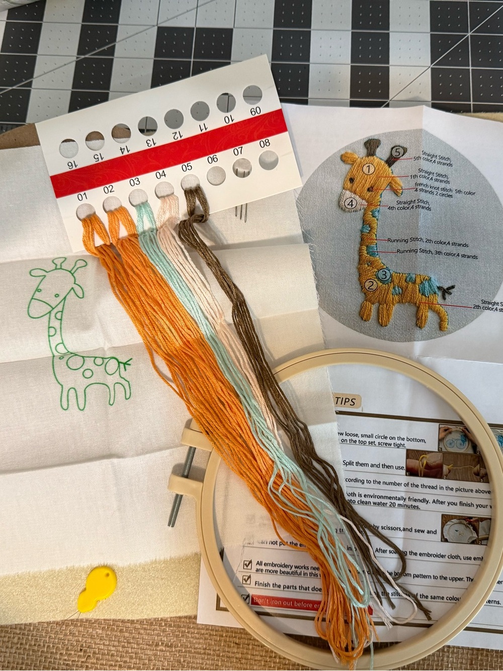 Embroidery Kit — Orange, Teal & Brown Giraffe Design